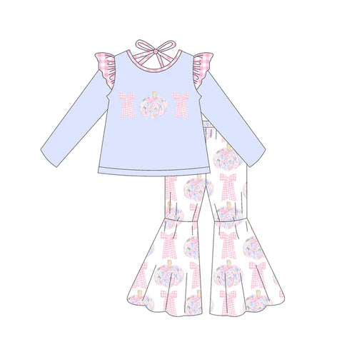 6.30 NO MOQ sales GLP2532 Pre-order baby girls clothes pumpkin bow blue long sleeve pants sets