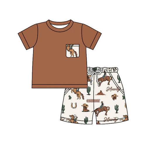 3.25  BSSO1449 Baby Boys Brown Short Sleeves Pocket Top Horse Rodeo Cactus Short Set Preorder