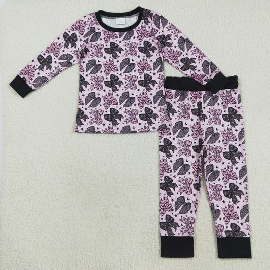 8.15 GLP2516 Baby Girls Long Sleeves Black Pink Bows Stars Top Pant Pajamas Set