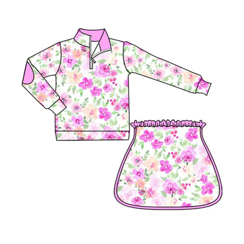 6.14 GLD1076 Baby Girls Long Sleeves Pink Floral Plaid Zipper Top Skirts Set Preorder