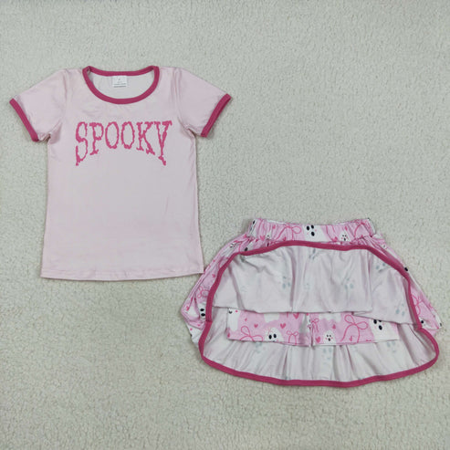 8.23 GSD2776 Baby Girls Pink Short Sleeves Spooky Top Ghosts Bows Plaid Skirts Set