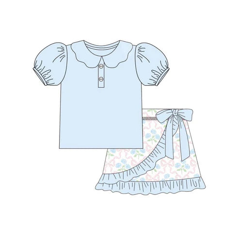 4.11 GSD2386 Baby Girls Light Blue Short Sleeves Button Tunic Floral Ruffle Short Set Preorder