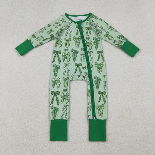 10.7 LR2654 Baby Boys Green Clover Bows St Patrick Zipper Footie Romper