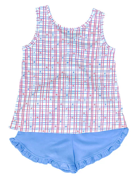 4.17  GSSO2539 Baby Girls Sleeveless Blue Red Plaid Stars Tunic Ruffle Short 4th Of July Set Preorder
