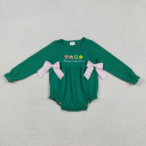 12.19 LR2839 Embroidery Clovers Baby Girls Green Long Sleeve St Patrick Bows Ruffle Romper
