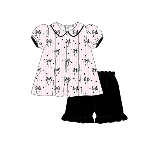 3.22   GSSO2383 Baby Girls Pink Stripe Black Bows Tunic Ruffle Short Set Preorder