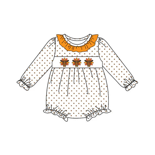 7.28 LR2457 Baby Girls Long Sleeves Turkey Polka Dots Ruffle Rompers Preorder