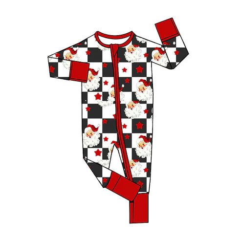 5.20 LR2215 Baby Boys Long Sleeves Black Plaid Santa Stars Zipper Rompers Preorder
