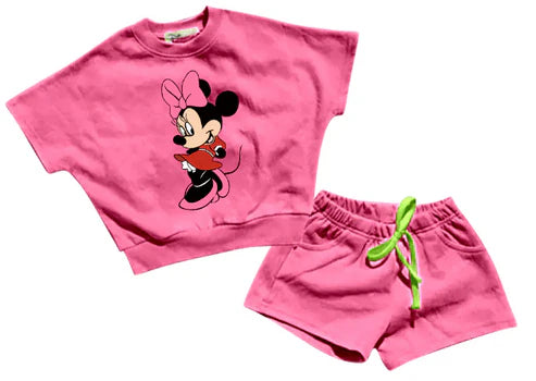 5.13 Girls' pink cartoon short-sleeved shorts suit