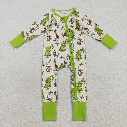 8.18 LR2481 Baby Boys Long Sleeves Christmas Trees Dogs Zipper Romper