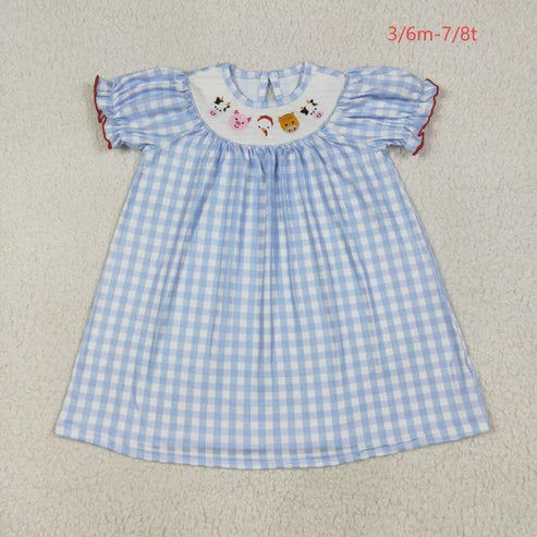 6.26 GSD2275 Baby Girls Blue Plaid Short Ruffle Sleeves Smocked Cows Pigs Farm Knee Length Dress