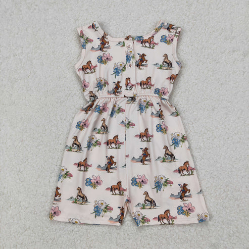 3.30 SR2695 Baby Girls Western Rodeo Horse Flowers Pockets Jumpsuit