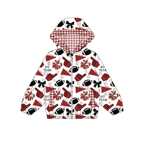 10.15  Custom Moq 8 Baby Girls Red Black Football Team Zipper Bows Hoodies Tops