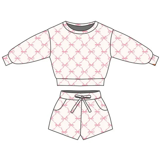 12.9 MOQ：5pcs GLS0074 pre-order toddler girl clothes pink bows print girl summer set