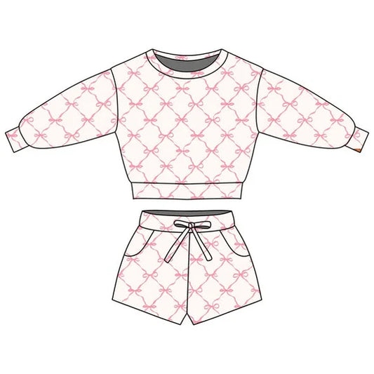 12.9 MOQ:5pcs GLS0074 pre-order toddler girl clothes pink bows print girl summer set