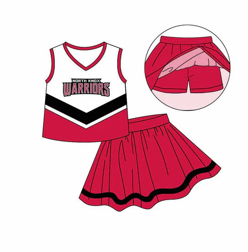7.5 Custom Moq 3 Baby Girls Warriors Cheer Team Top Skort Shorts Clothes Sets