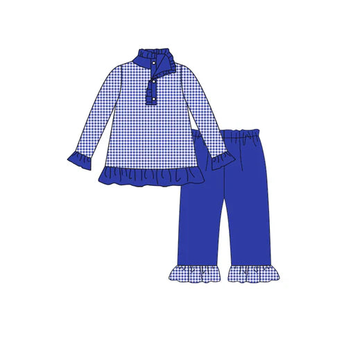 8.9 Custom Moq 5 Baby Girls Fall Football Team Blue Pullover Top Pants Clothing Sets