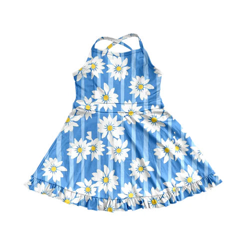 3.31 GSD2283 Baby Girls Blue Strap Stripe Floral Yoga Ruffle Knee Length Dresses Preorder