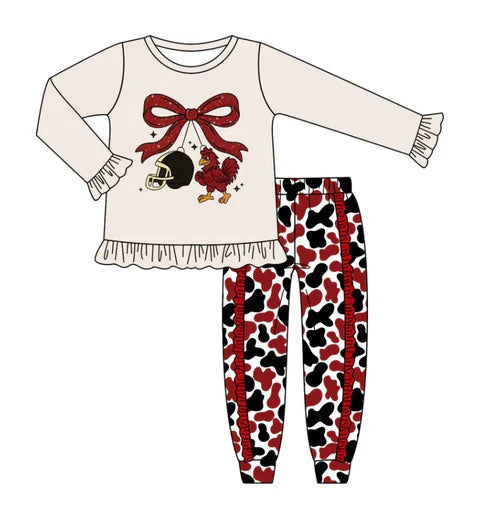 8.8  Custom Moq 5 Baby Girls Chicken Bows Leopard Team Top Pants Clothes Sets