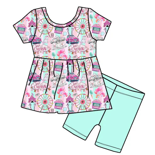 3.20 GSSO2363 Baby Girls Pink Short Sleeves Sky Wheel Cars Tunic Aqua Short Clothes Set Preorder