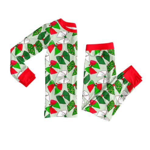 7.25 GLP2631 Baby Girls Long Sleeves Green Red Bows Plaid Top Pants Pajamas Set Preorder