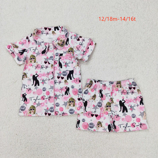 3.26 GSSO1772 Baby Girls Pink Singer Stars Buttons Shirts Shorts Pajamas Clothes Set