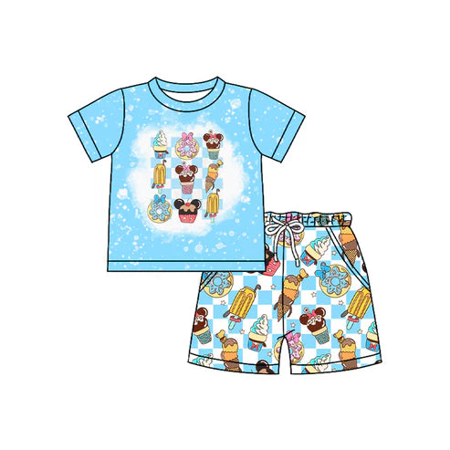 4.24  BSSO1509 Baby Boys Blue Short Sleeves Cartoon Mouse Ice Cream Top Pockets Short Set Preorder