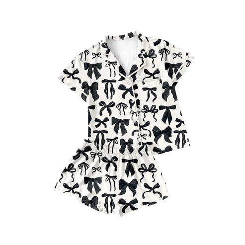 6.5 GSSO2663 Baby Girls Short Sleeves Black Bows Button Pocket Top Short Pajamas Set Preorder