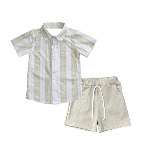 4.1  BSSO1457 Baby Boys Floral Button Shirt Top Khaki Pockets Short Set Preorder