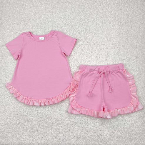 4.19 GSSO2181 Baby Girls Pink Cotton Top Ruffle Shorts Clothes Set