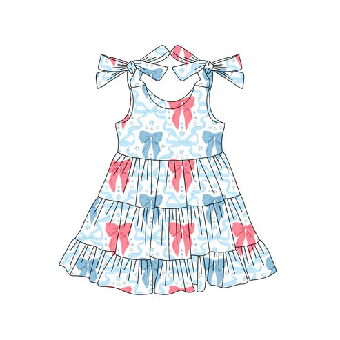 3.29 GSD2303 Baby Girls Strap Red Blue Bows Stars 4th Of July Knee Length Dresses Preorder