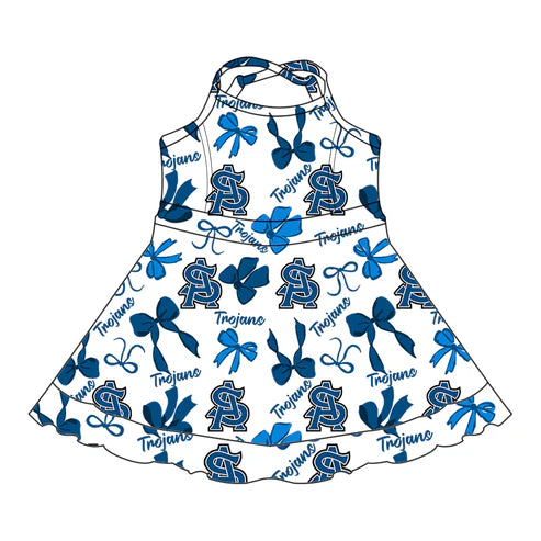 7.31 Custom Moq 5 Baby Girls Blue Bows Trojans Short Ruffle Team Knee Length Dresses