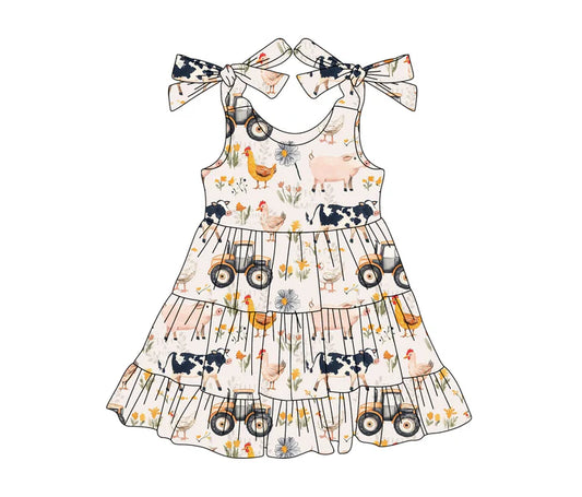 3.25  GSD2237 Baby Girls Pink Strap Trucks Chicks Cows Farm Knee Length Dresses Preorder