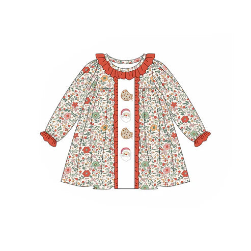 5.19  GLD1062 Baby Girls Long Ruffle Sleeves Orange Floral Santa Cakes Knee Length Dresses Preorder
