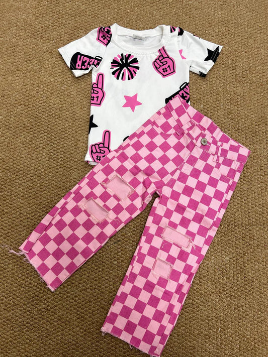8.2 GT0994+P0096 Baby Girls Cheer Pink Shirt Checkered Denim Pants Clothes Set