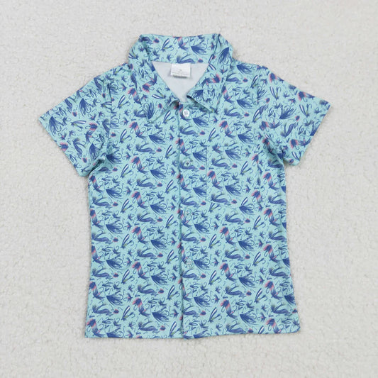 9.3 BT1296 Baby Boys Short Sleeves Blue Flowers Plaid Button Shirts Top