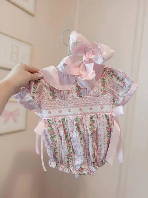 4.1 SR2994 Baby Infant Girls Pink Floral Bows Ruffle Rompers Preorder