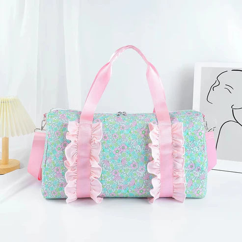 BA0291 Pink Ruffle Blue Floral Print Gym Duffle Bags Preorder