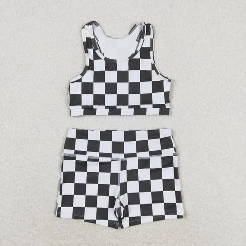 GT0522+SS0219 Black and white plaid sleeveless top shorts yoga set