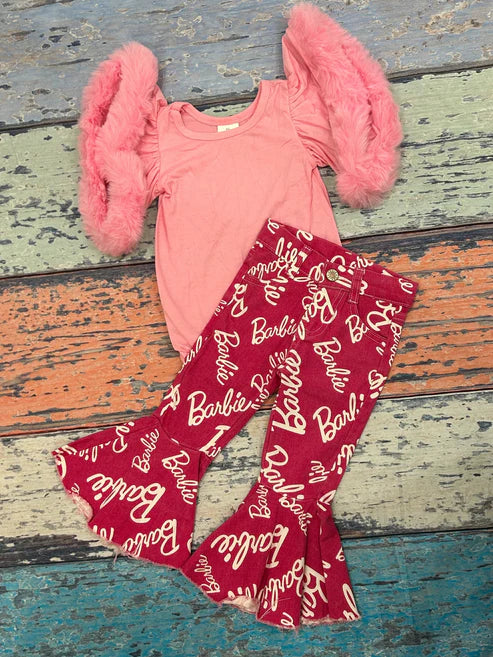 3.14 SR0583+P0295 Baby Girls Pink Velvet Valentines Doll Denim Pants Clothes Set