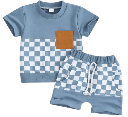5.8 Checkered short sleeve blue shorts suit for boys