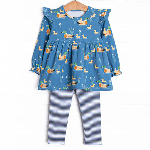 8.14 GLP2697 Baby Girls Blue Ducks Plaid Tunic Stripe Legging Pant Set Preorder