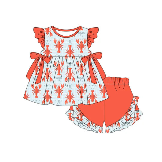 12.15 MOQ：5pcs GSSO3001 pre-order baby girl clothes crawfish print toddler girl summer outfit