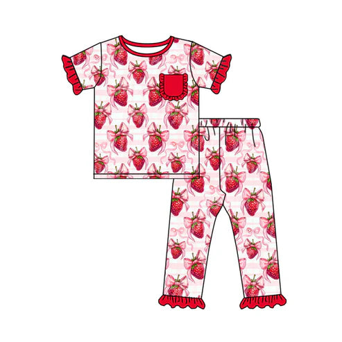 9.29 GSPO2089 Baby Girls Bows Strawberry Stripe Top Ruffle Pants Valentine Pajamas Sets Preorder