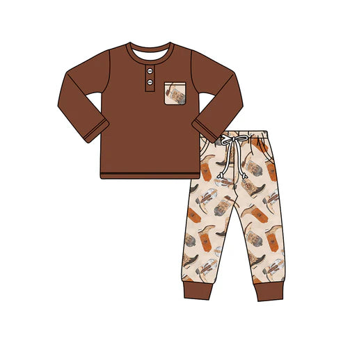 5.24 BLP0926 Baby Boys Western Brown Boots Pocket Top Pants Clothes Sets Preorder