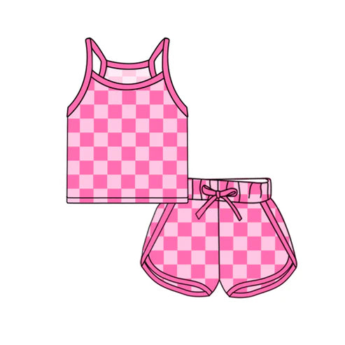 GSSO2336 Baby Girls Pink Strap Plaid Top Short Sport Set Preorder