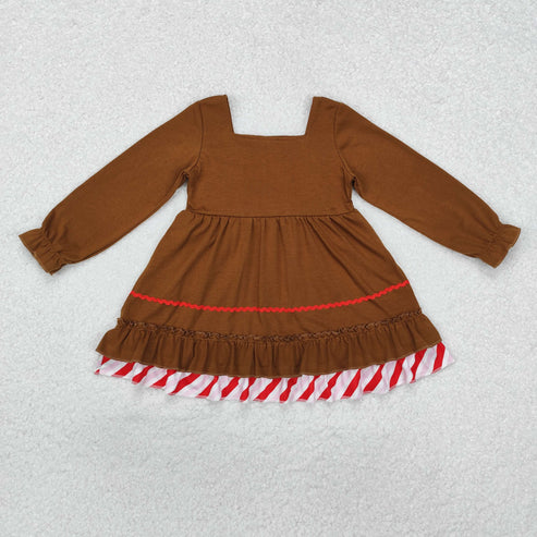 GLD0758 Baby Girls Brown Gingerbread Bow Knee Length Dress