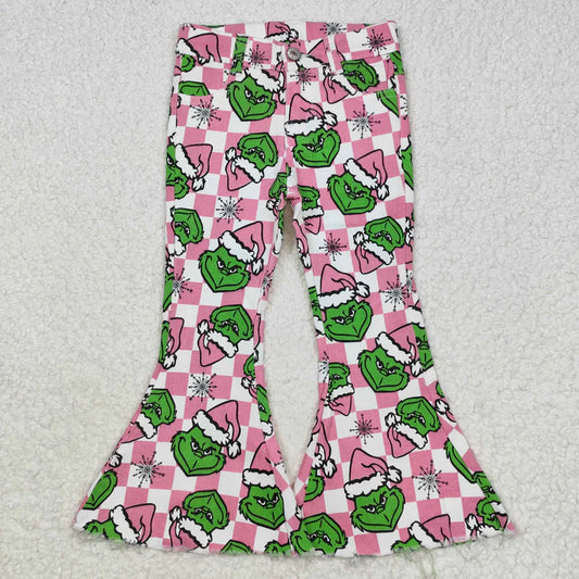 L-3.7  P0483 Christmas Girl Snowflake pink plaid denim pants