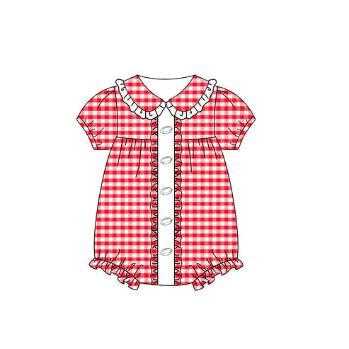 8.7 SR3207 Baby Girls Red Plaid Footballs Team Ruffle Rompers Preorder