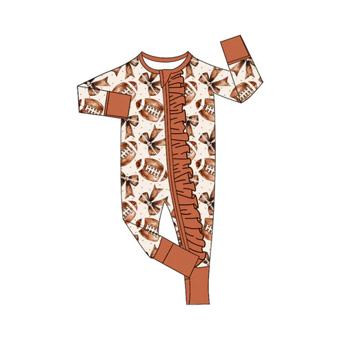 8.18 LR2572 Baby Girls Footballs Bows Plaid Team Zipper Footie Rompers Preorder